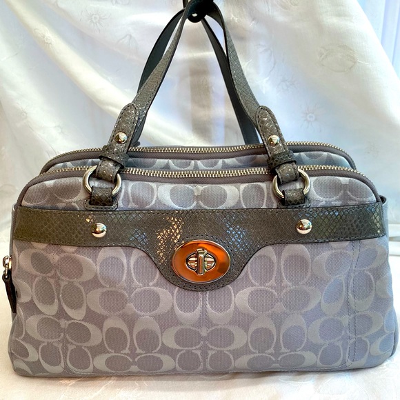🏇COACH SIGNATURE SILVER & GRAY LEATHER TURN LOCK PENELOPE SATCHEL w/ SATIN DU…